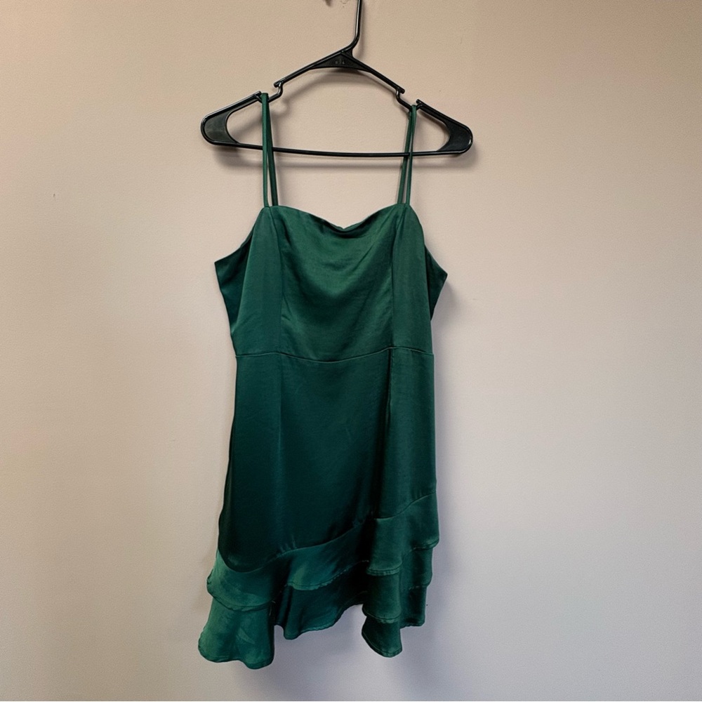 Lulus Dark Green Satin Ruffle Mini Dress Cowl Neck Adjustable‎ Straps Medium